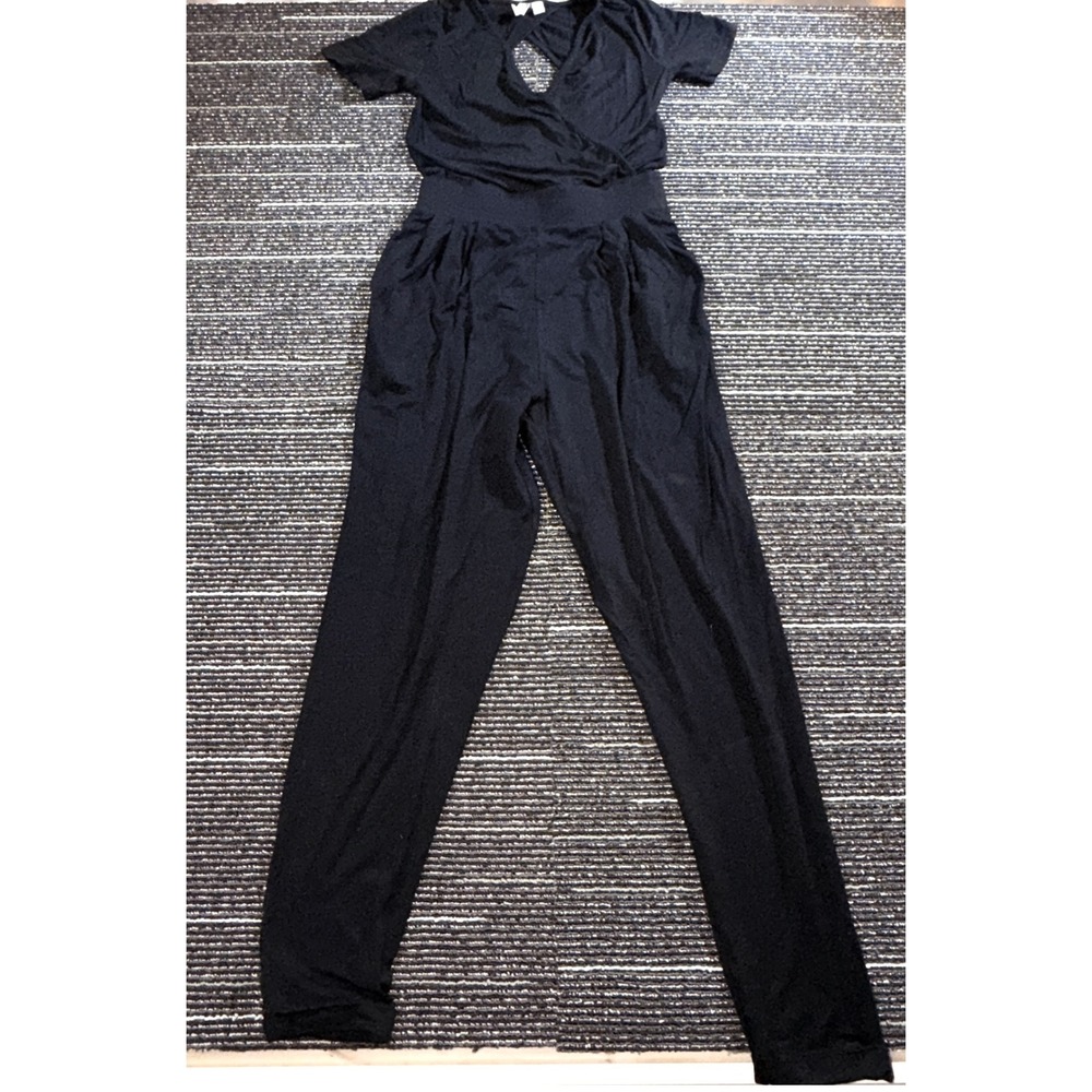 ASOS Jumpsuit Women Sz 2 Black Good Wrap Front Cutout Back Short Sleeve Jersey
